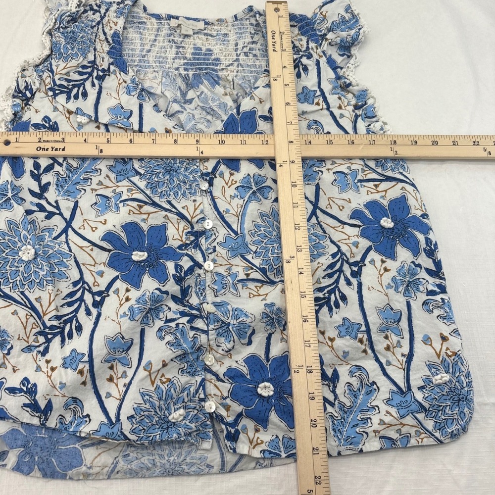 Jennifer Grace Blue Floral Cotton Block Print Smocked Ruffle Lace Blouse M - Picture 4 of 6